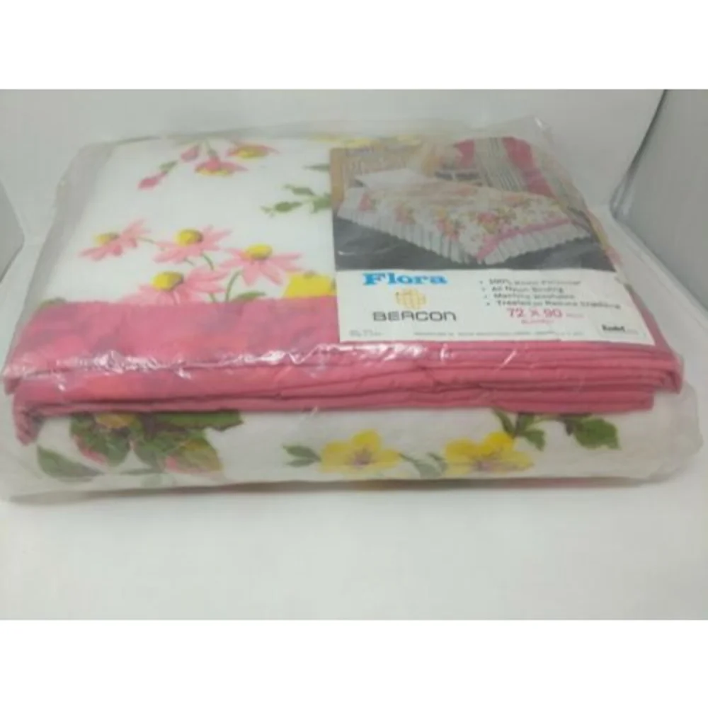 Beacon Flora Pink Yellow Floral Flowers Satin Trim Blanket Twin Size 72 x 90 VTG